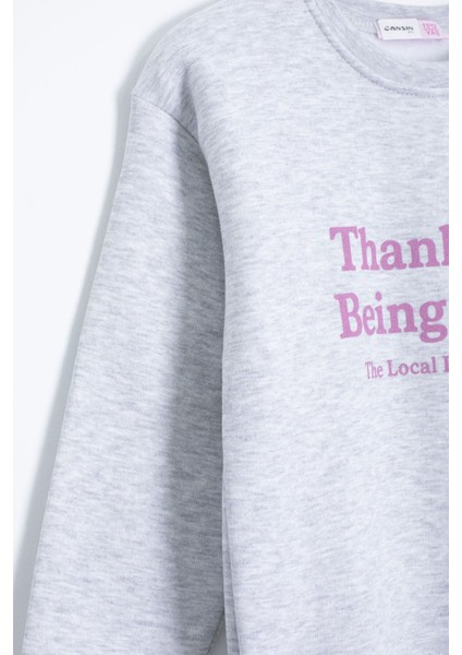 Gri Yazı Baskılı Bisiklet Yaka Kız Çocuk Şardonlu Sweatshirt 23257 fırsatları