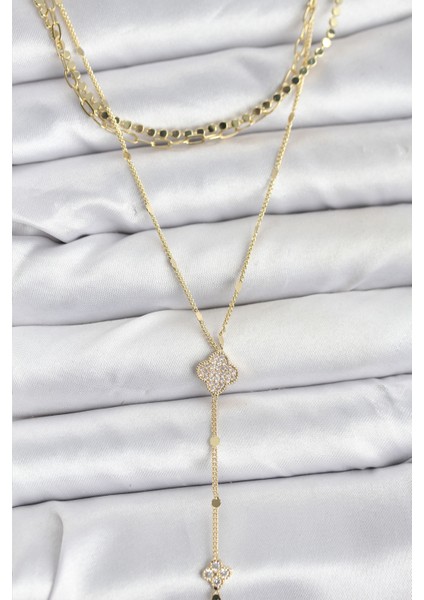 Pirinç Gold Renk Zirkon Taşlı Yoncalı Model Detaylı 3'lü Kombin Y Kadın Kolye