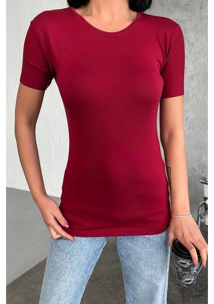 Rahat ve Şık Kısa Kollu Bisiklet Yaka Likralı Viskon Penye Body Bordo modelleri