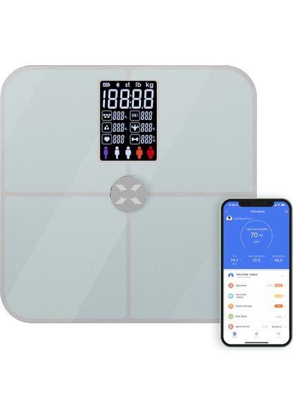 Dijital Nabız Ölçerli Akıllı Tartı Yağ Kemik Kas Kütlesi Ölçen Vücut Veri Analiz Ölçümlü Akıllı Baskül X8702
