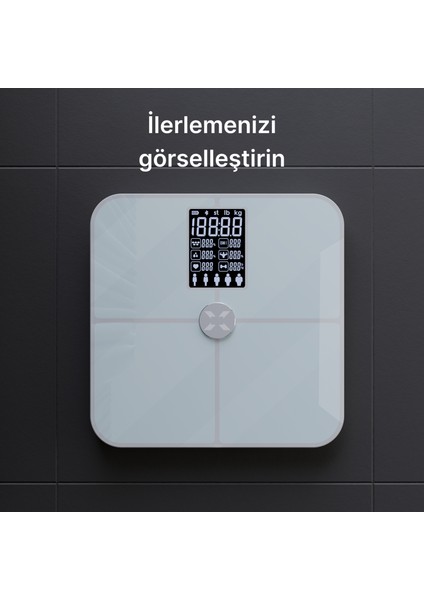Dijital Nabız Ölçerli Akıllı Tartı Yağ Kemik Kas Kütlesi Ölçen Vücut Veri Analiz Ölçümlü Akıllı Baskül X8702