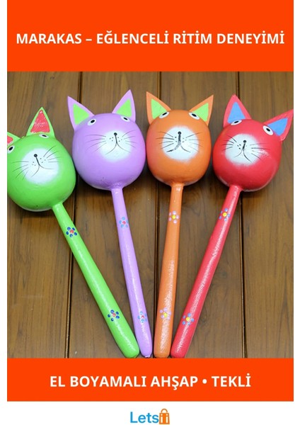 Ahşap El Yapımı Renkli Kedi Marakas Eğlenceli Müzik Aleti