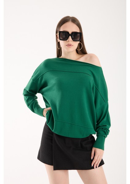 Kadın Zümrüt Yeşili Kayık Yaka Triko Bluz