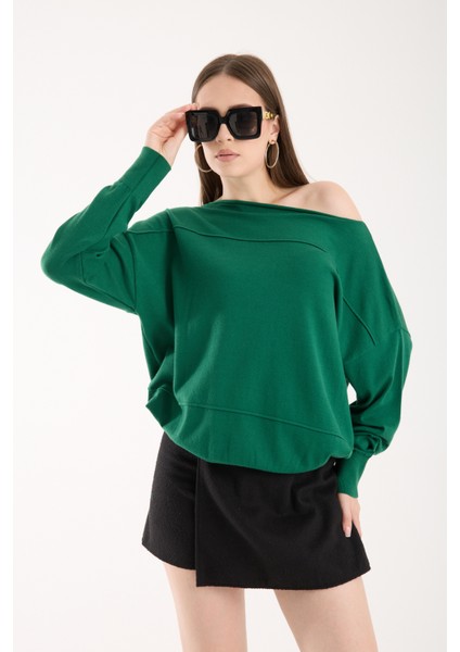 Kadın Zümrüt Yeşili Kayık Yaka Triko Bluz modelleri