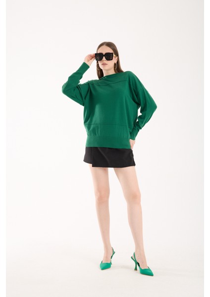 Kadın Zümrüt Yeşili Kayık Yaka Triko Bluz