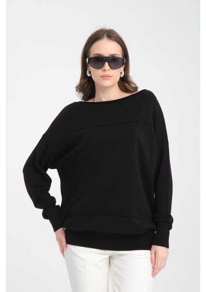 Kadın Siyah Kayık Yaka Triko Bluz