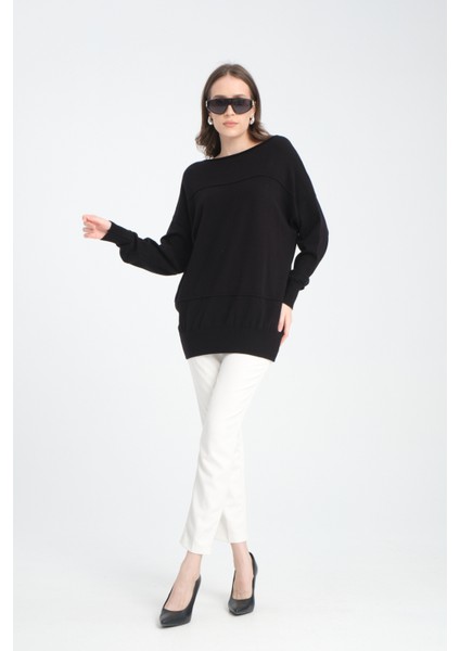 Kadın Siyah Kayık Yaka Triko Bluz
