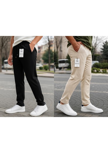 Erkek Bej-Siyah 2’li Pike Likralı Jogger Pantolon– Cepli, Normal Bel, Düz Paça