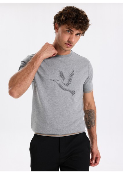Bisiklet Yaka Baskılı Gri Melanj Erkek T-Shirt F5WM-TST 2892