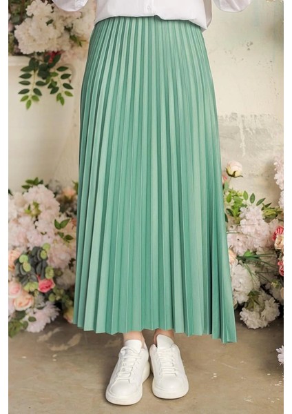Zarif ve Modern Pileli Parlak Krep Gizli Lastikli Mint Etek fiyatları