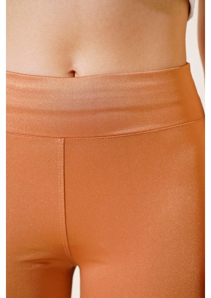 Esnek Yüksek Bel Taba Uzun Parlak Disco Tayt modelleri