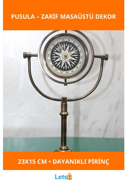 Antik Pirinç Masa Üstü Pusula 23X15 cm Dekoratif Objeler