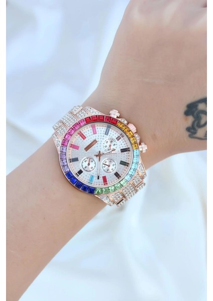 Clariss Trend Rose Metal Kordonlu Zirkon Taş Kaplama Renkli Taşlı Kasa Tasarımlı Lüx Kadın Ko modelleri