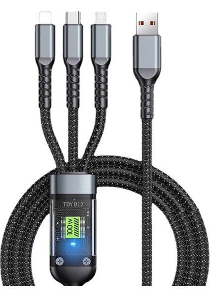 3in1 100W Hızlı Şarj ve Data Kablosu, 1.2m Halat Örgü Kırılmaz Uç, Usb-C Lightning Micro Uyu