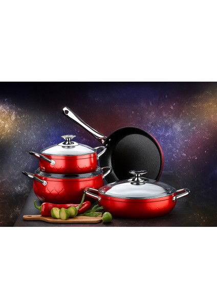 Brillant Granit Tencere Seti 7 Parça Rigel Kırmızı TM-5971