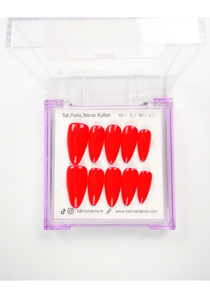 15'li Kırmızı Uzun Badem UBD1545 Tekrar Kullanılabilir El Yapımı Protez Takma Tırnak - Kırmızı-XS