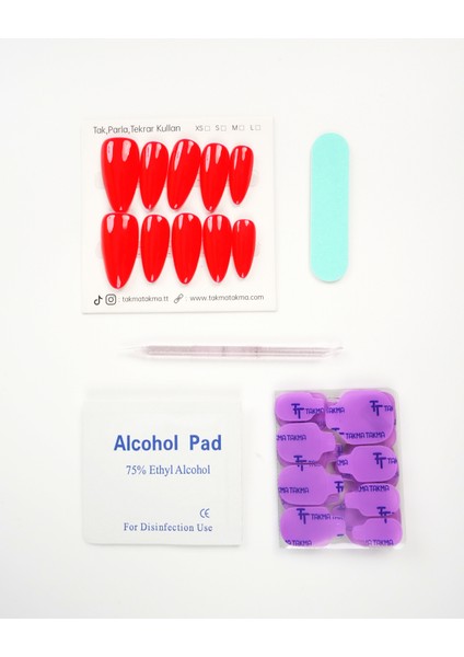 15'li Kırmızı Uzun Badem UBD1545 Tekrar Kullanılabilir El Yapımı Protez Takma Tırnak - Kırmızı-XS