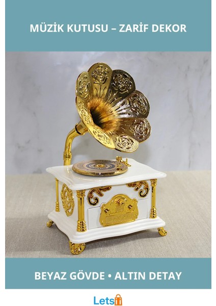 Klasik Beyaz Gramofon Müzik Kutusu