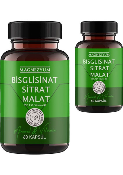 Magnezyum Bisglisinat Magnezyum Sitrat Magnezyum Malat & Vitamin B2 B3 B6 ve Mineral Kapsülleri 60LI 2 Adet