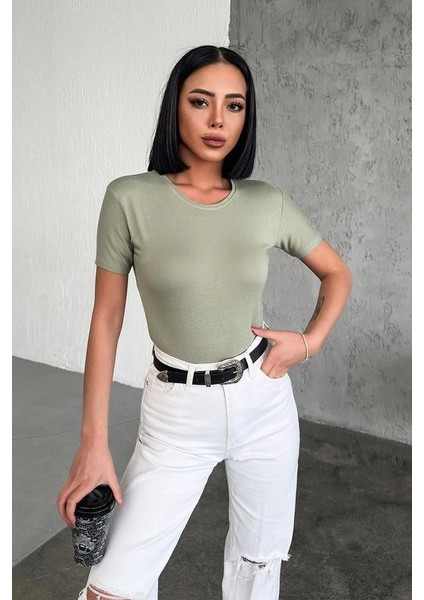 Rahat ve Şık Kısa Kollu Bisiklet Yaka Likralı Viskon Penye Body Haki