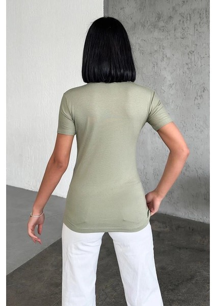 Rahat ve Şık Kısa Kollu Bisiklet Yaka Likralı Viskon Penye Body Haki fırsatları
