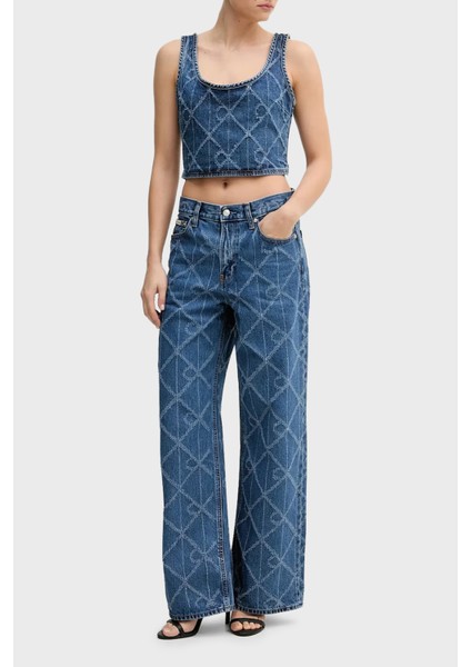 Tamamı Logolu Pamuklu Loose Fit Geniş Paça Jeans LV047D709GYY2 Bayan Kot Pantolon LV047D709G Yy2 fiyatları