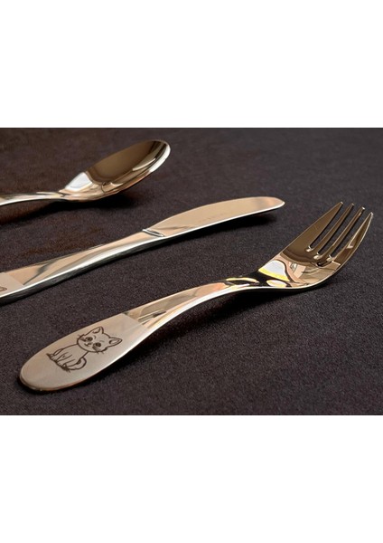 Paslanmaz Çelik Çocuk Çatal Kaşık Bıçak Seti İsme Özel Kedili, Kedi Desenli, Yazılı
