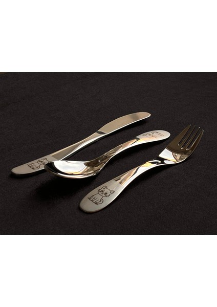 Paslanmaz Çelik Çocuk Çatal Kaşık Bıçak Seti İsme Özel Kedili, Kedi Desenli, Yazılı fiyatları