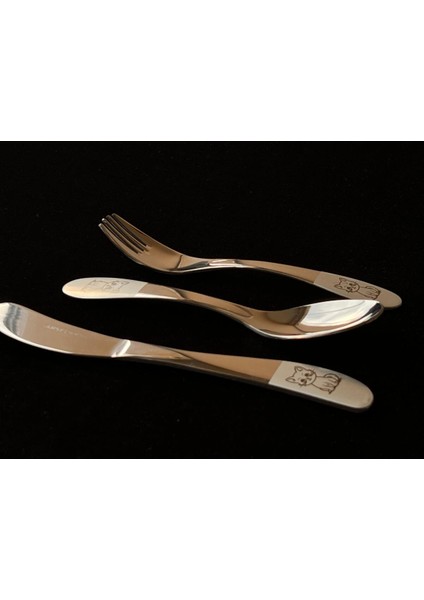 Paslanmaz Çelik Çocuk Çatal Kaşık Bıçak Seti İsme Özel Kedili, Kedi Desenli, Yazılı modelleri