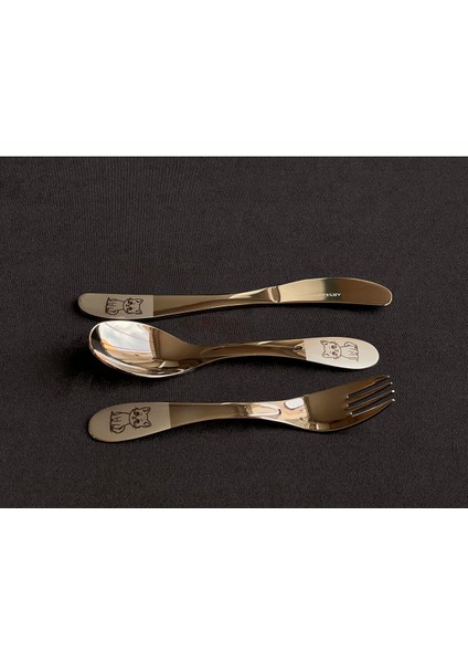 Paslanmaz Çelik Çocuk Çatal Kaşık Bıçak Seti İsme Özel Kedili, Kedi Desenli, Yazılı fırsatları