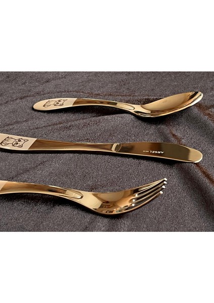 Paslanmaz Çelik Çocuk Çatal Kaşık Bıçak Seti İsme Özel Kedili, Kedi Desenli, Yazılı indirimleri