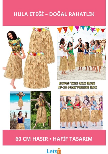 Hawaii Tarzı Hula Eteği 60 cm Doğal Hasır Plaj Kostümü