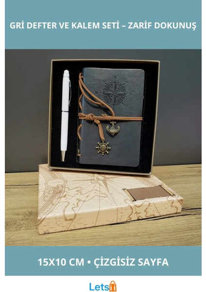 Gri Deri Defter Beyaz Kalem Seti Mobil Uyumlu