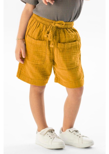 Batı Cep Detaylı Yazlık Müslin Kız Çocuk Şort Hardal Hrd
