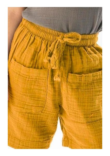 Batı Cep Detaylı Yazlık Müslin Kız Çocuk Şort Hardal Hrd modelleri