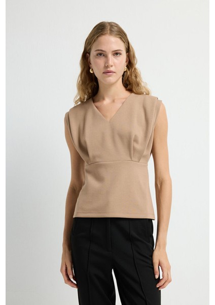 Kolsuz Büzgülü Bluz Camel 11545831000