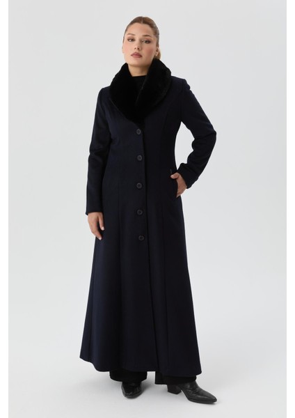 Kışlık Yünlü Kaşe Kadın Pardesü Yakası Kürklü Kalın 58025