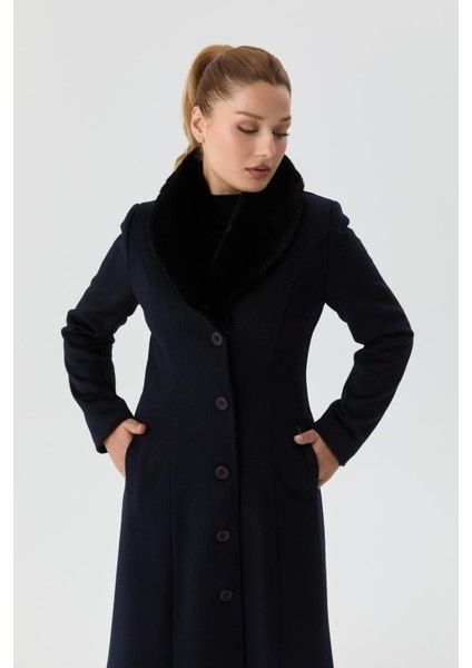 Kışlık Yünlü Kaşe Kadın Pardesü Yakası Kürklü Kalın 58025 modelleri