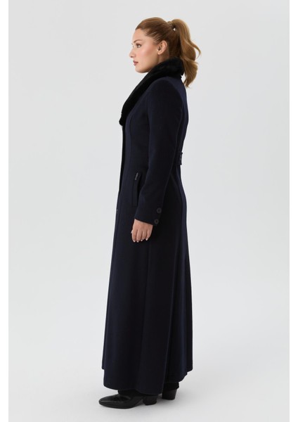 Kışlık Yünlü Kaşe Kadın Pardesü Yakası Kürklü Kalın 58025