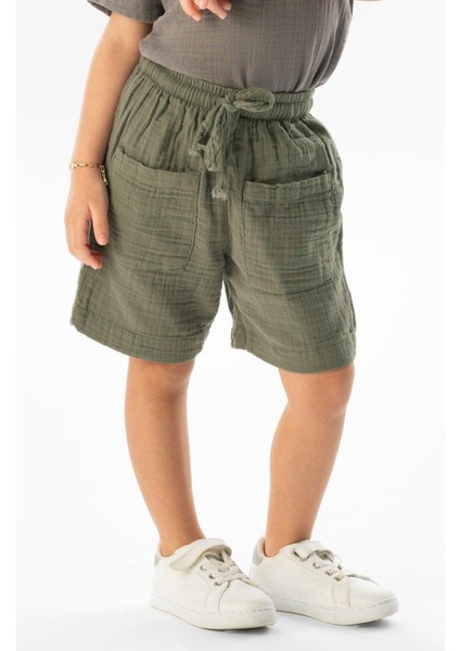 Batı Cep Detaylı Yazlık Müslin Kız Çocuk Şort Haki Hk