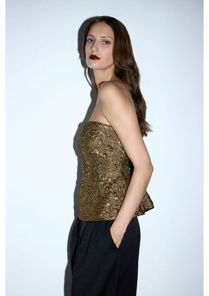 Mert Aslan Straplez Jakar Bluz Gold 11545988000