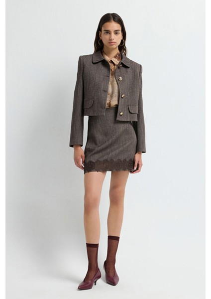 Dantel Detaylı Mini Etek Kahve 12745694000