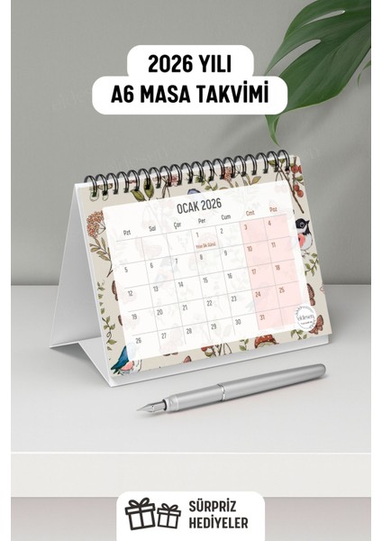 2026 Masa Takvimi Spiralli A6 (15X12CM) Orta Boy / Resmi Tatiller ve Hafta Sonları / 12 Aylık