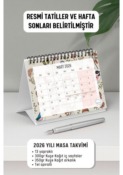 2026 Masa Takvimi Spiralli A6 (15X12CM) Orta Boy / Resmi Tatiller ve Hafta Sonları / 12 Aylık fiyatları
