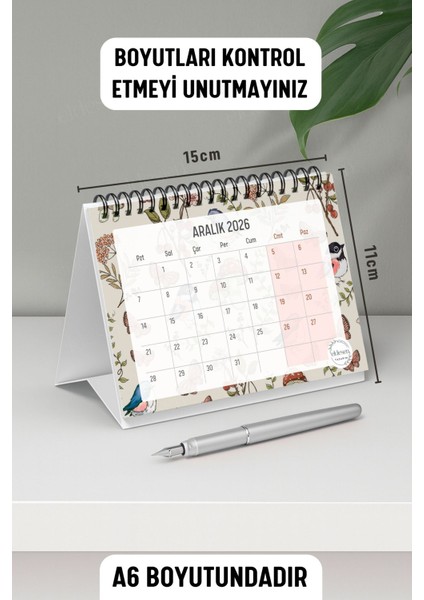 2026 Masa Takvimi Spiralli A6 (15X12CM) Orta Boy / Resmi Tatiller ve Hafta Sonları / 12 Aylık modelleri