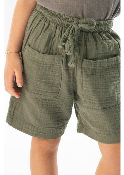 Batı Cep Detaylı Yazlık Müslin Kız Çocuk Şort Haki Hk modelleri