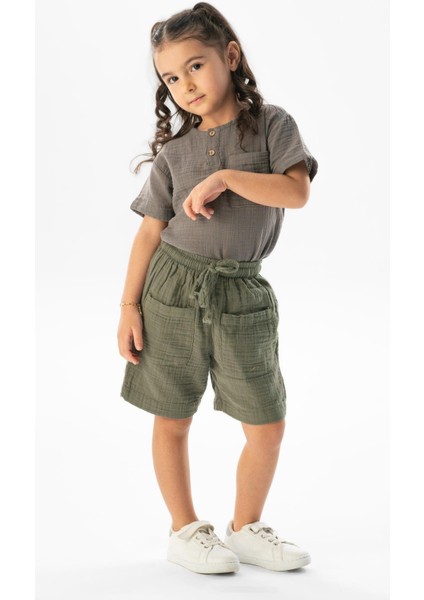Batı Cep Detaylı Yazlık Müslin Kız Çocuk Şort Haki Hk fırsatları