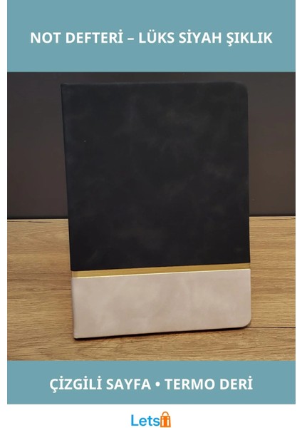 Altın Şeritli Şık Siyah Deri Not Defteri 21X15 cm 192 Sayfa