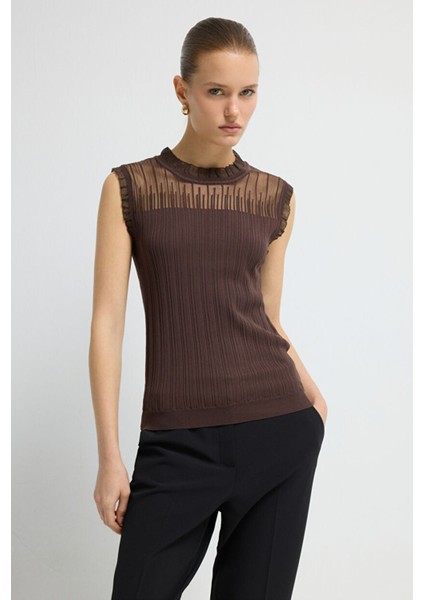 Tül Detaylı Kolsuz Triko Bluz Kahve 11544676001 fırsatları