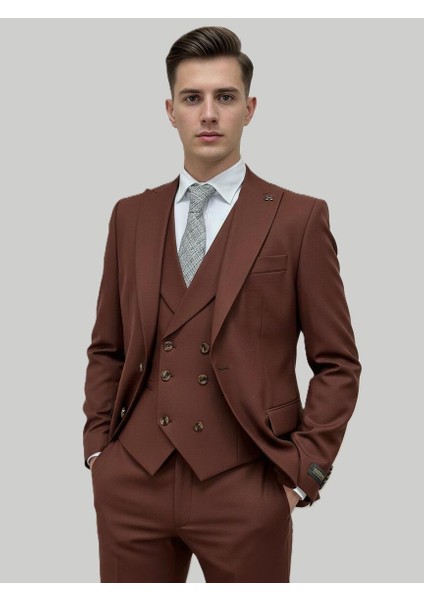 Kiremit Rengi Şal Yaka Yelekli Takım Elbise